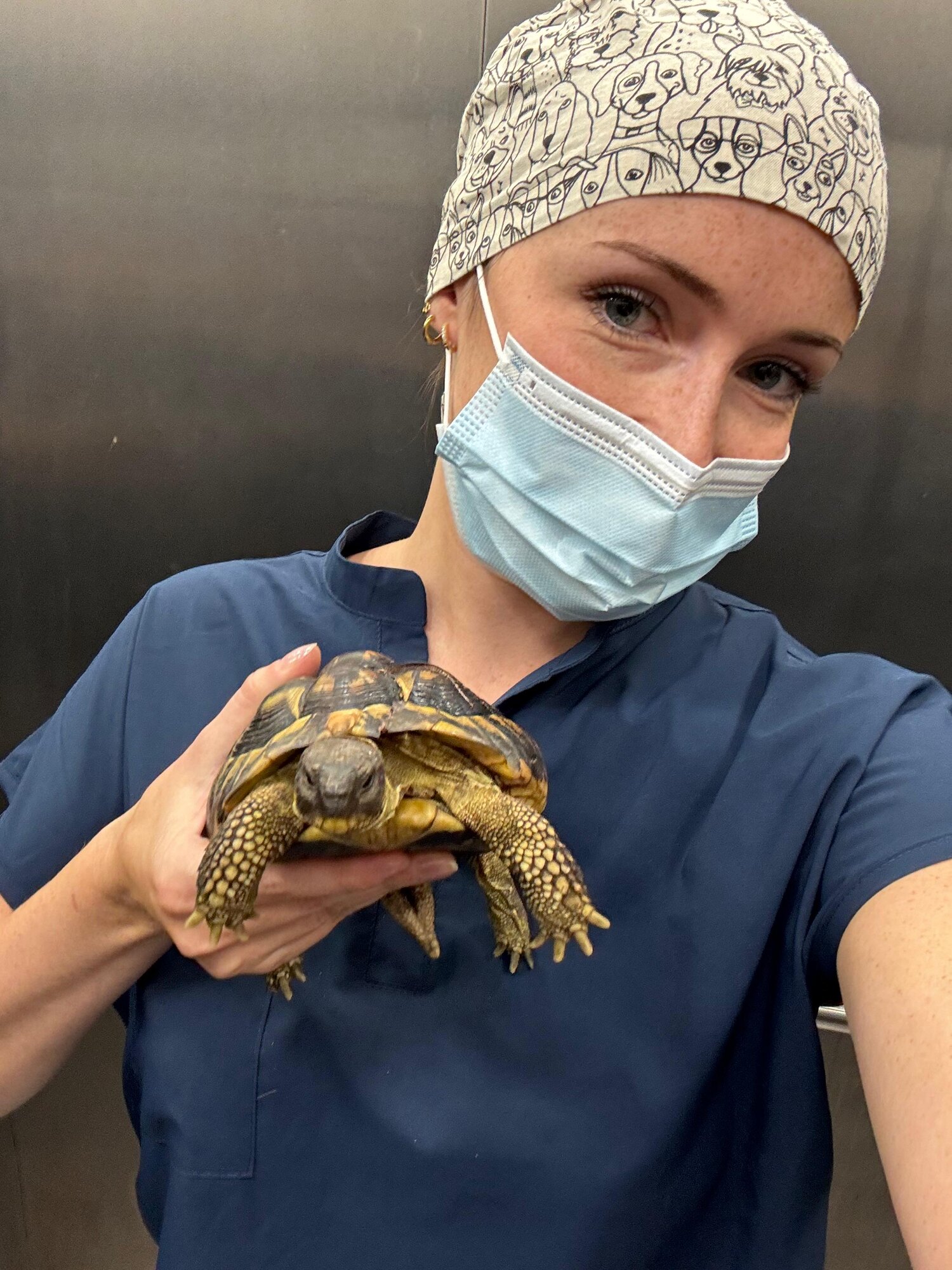 Léna en tenue vétérinaire et masque, tenant une tortue.
